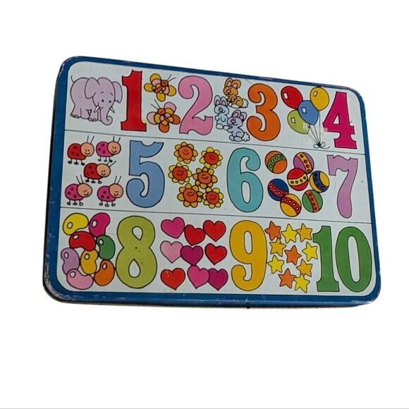 Vintage Rainbow Alphabet Number Cartoon Graphic Metal Tin Storage - Picture 2 of 8